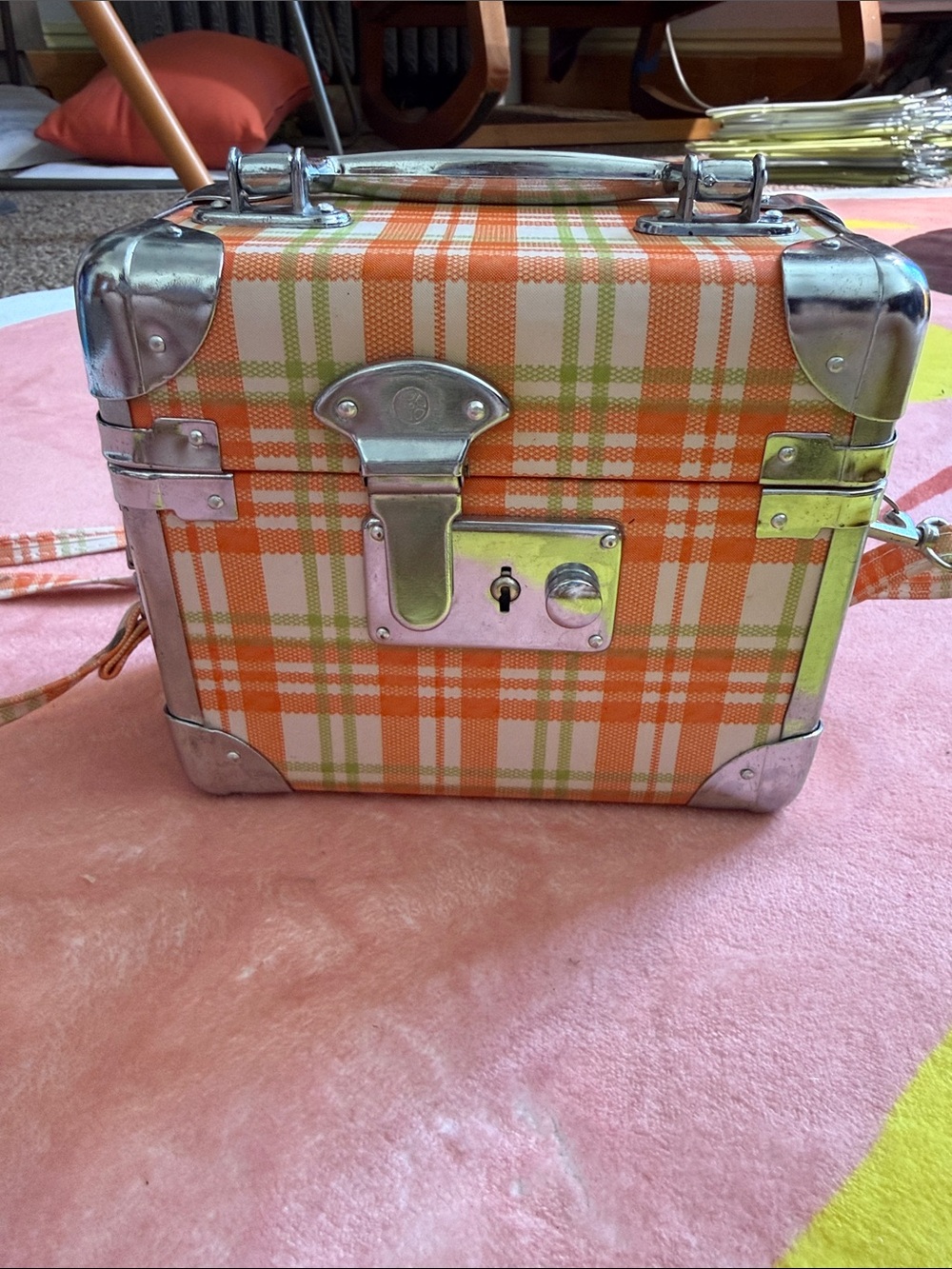 Vintage Orange and Cream Plaid Mini Trunk Bag with Silver Hardware